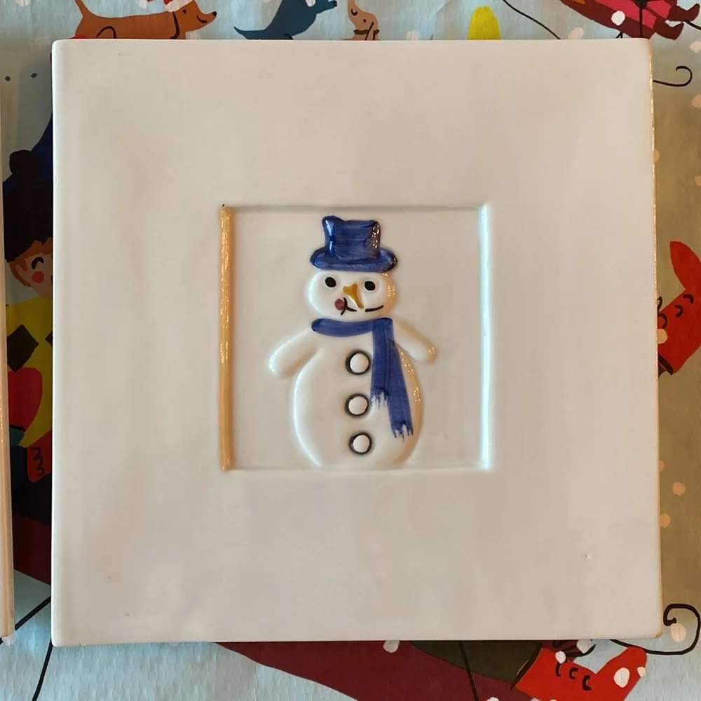 Crate&barrel STEPHANI CERAMICA vintage Snowman trivet/decorative plates